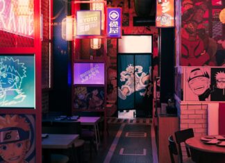 Restauracja w stylu anime z neonami i japońskim wyst
